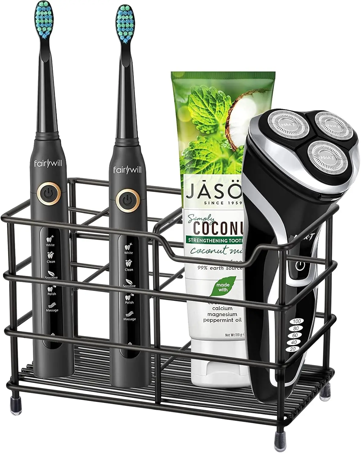 

Большая черная подставка-органайзер для зубных щеток из нержавеющей стали с отсеком для зубной пасты