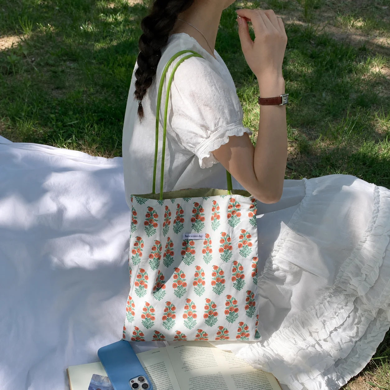 Floral Print Handbag Soft Women'S Shoulder Tote Bag Combed Cotton Tote Comfortable Dual-Use Shoulder Bag For Hanging Out Daily