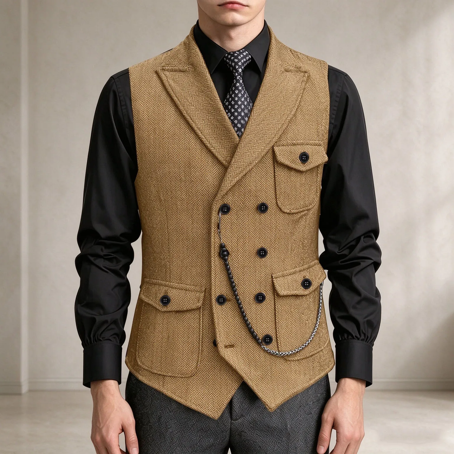 Men's Herringbone Waistcoat Peak Lapel Double Breasted Vest Vintage British Formal Suit Gilet Wedding Business Party Streetwear