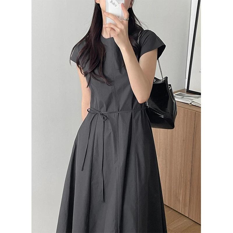 

Ele Summer Long Svel Women's Dr Round Ne Tie Waist Slimming Color Flounce Sve Midi Dr Chic Sle