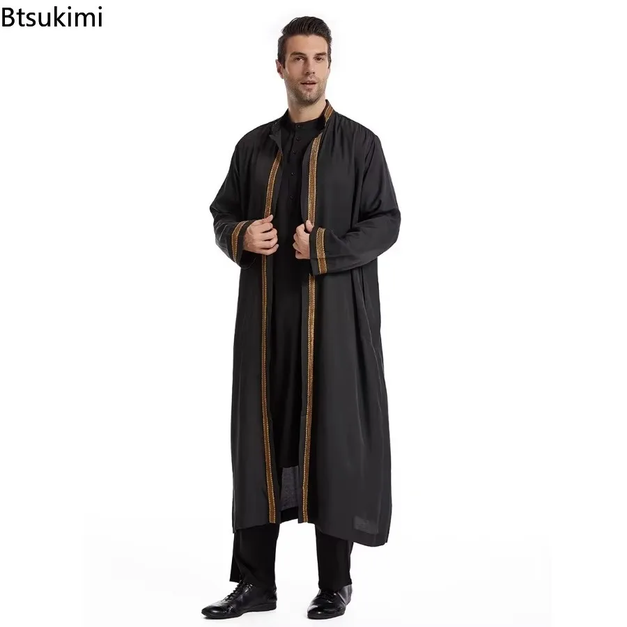 2024 Mid East Clothing Men\'s Traditional Jubba Thobe Fashion Stand Collar Cardigan Robe Muslim Open Abaya Men Daily Basic Style