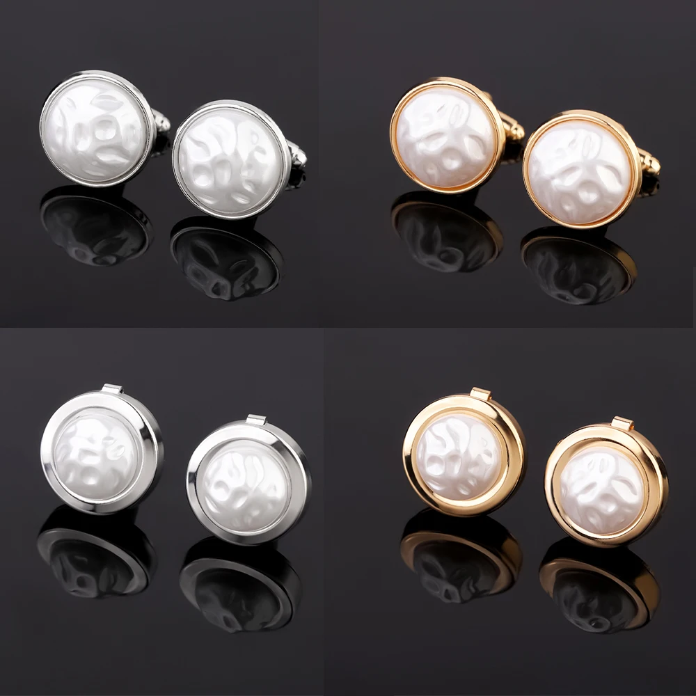 1 Pair Round White Mother of Pearl Cufflinks Classic Shell Textured Brass Button Cover Clasp for Men French Dress Shirt