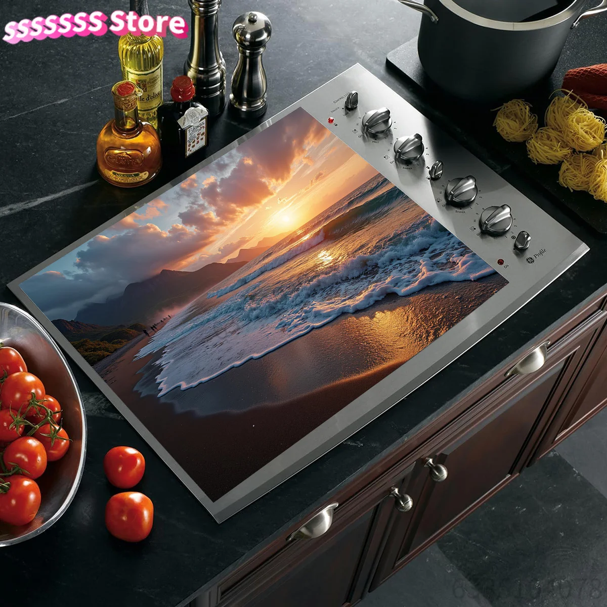 Sunset Beach Stove Top Cover - Heat-Resistant Ceramic Artwork Protector for Electric Stoves, Kitchen Decor, Dish Drying Mat, an