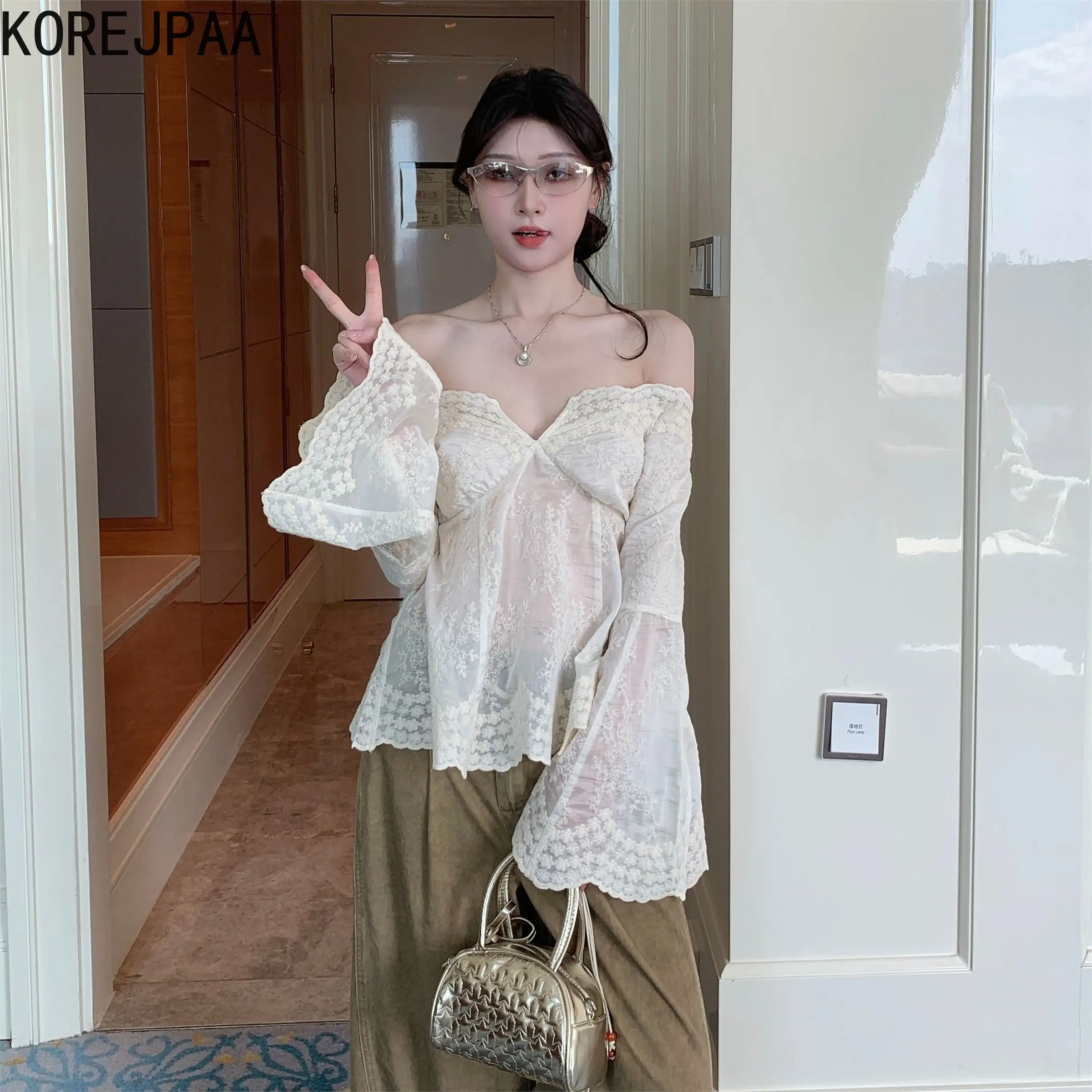 

Korejpaa Blouses Women Off Shoulder Slash Neck White Shirt Gentle Embroidery Slimming Thin Shirts 2025 Summer Elegant Blusas