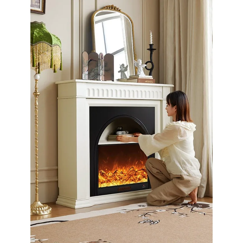 French retro heating fireplace decorative cabinet, living room simulation flame all solid wood home entrance cabinet