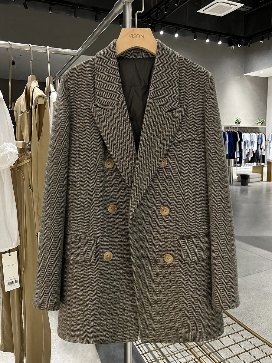 

Женское зимнее теплое шерстяное пальто-жакет в клетку с узором «ёлочка», двубортное, с длинными рукавами, для повседневной носки