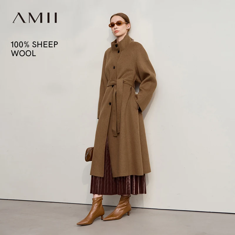 AMII Woolen Coat Woman 2026 Winter New Solid Color Long Sleeves Jacket With Stand Collar Versatile Loose Long Outerwear 12544042