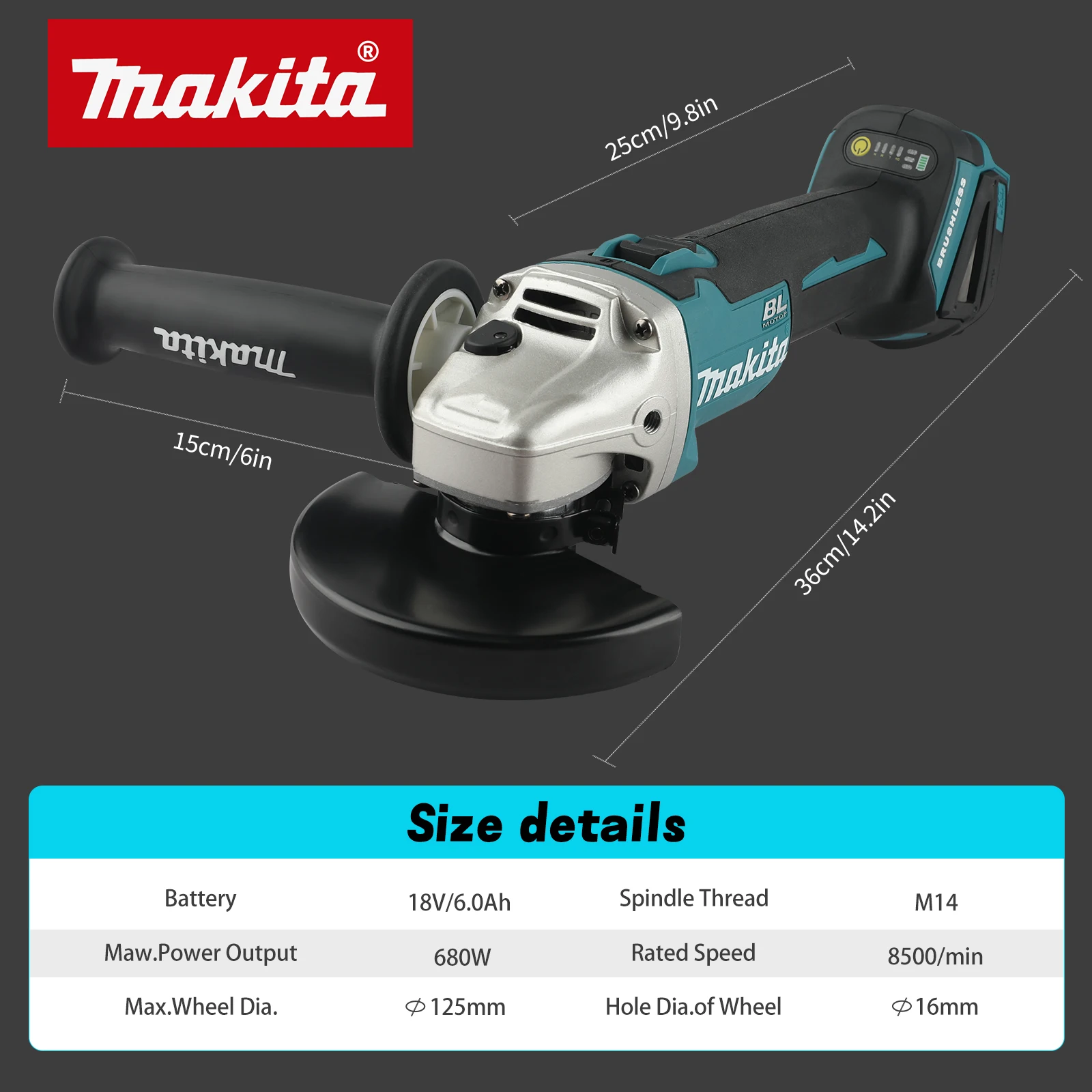 

Makita DGA406Professional Angle Grinder 18V Cordless 8500RPM Brushless Power Tool with SafetyLockfor Construction Industrial Use