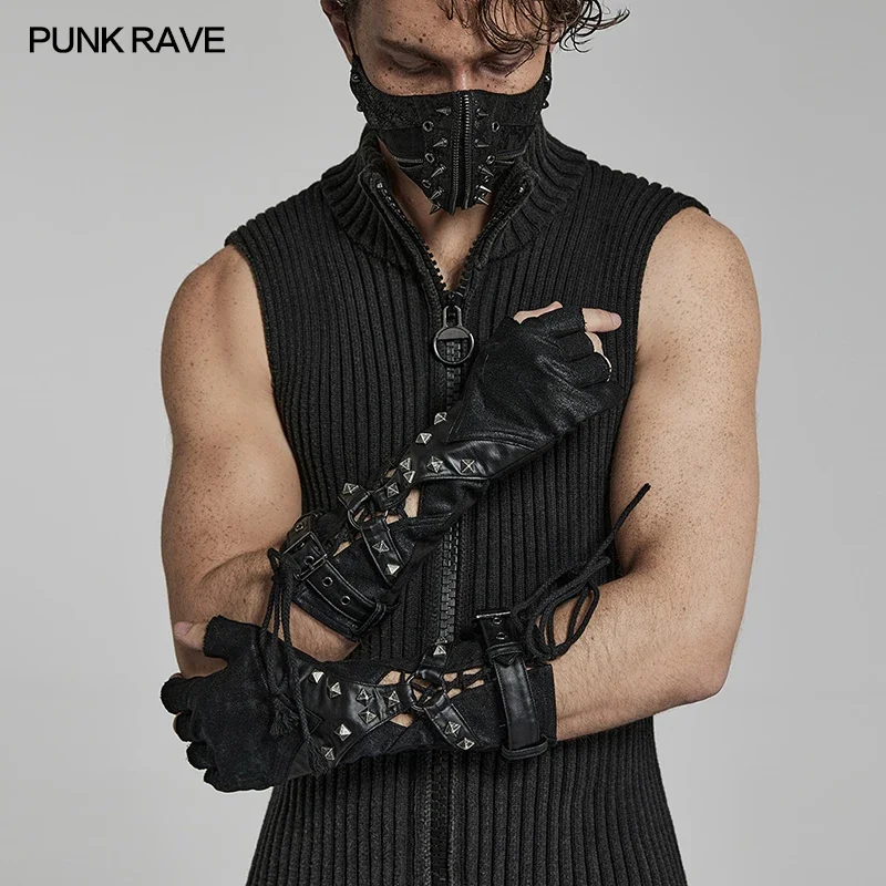 PUNK RAVR Men's Punk PU Army Style Motorcycle Fingerless Gloves Handsome Novelty Black  One Pair