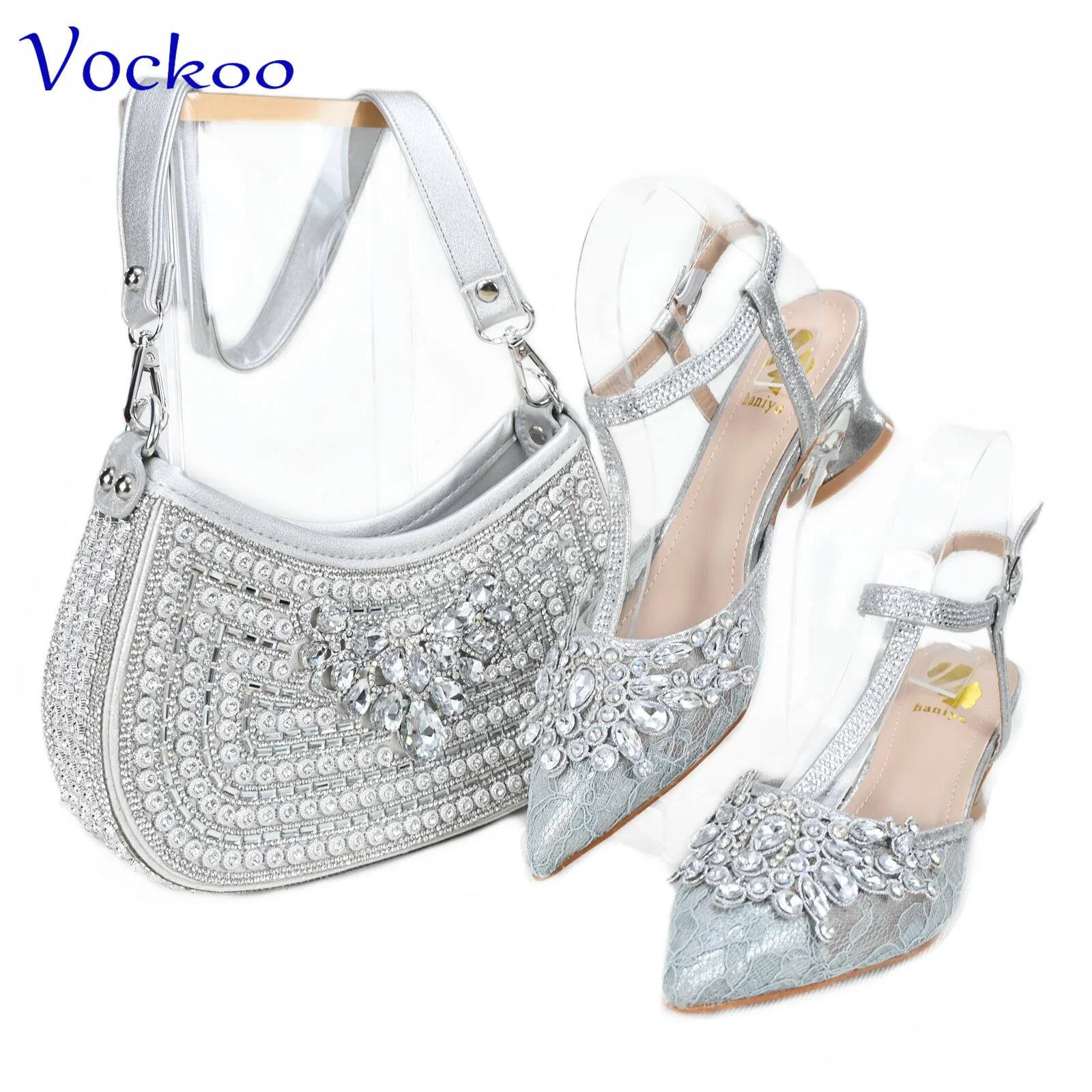 

Pointed Toe Suqare Heels Comfortable Italian Design Shoes and Bag Set in Silver Color Fashion New Arrivals for Wedding Party