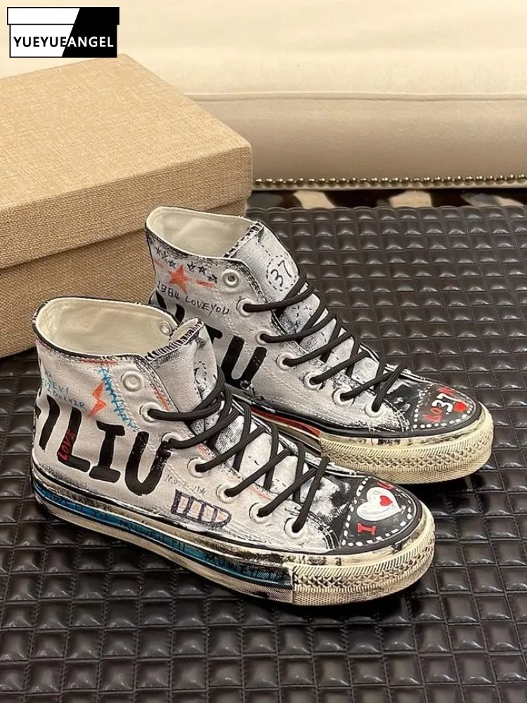 

Мужская вулканизированная обувь в корейском стиле с ручной росписью, обувь на плоской подошве со шнуровкой, модные повседневные высокие кроссовки с сердечками, Лидер продаж