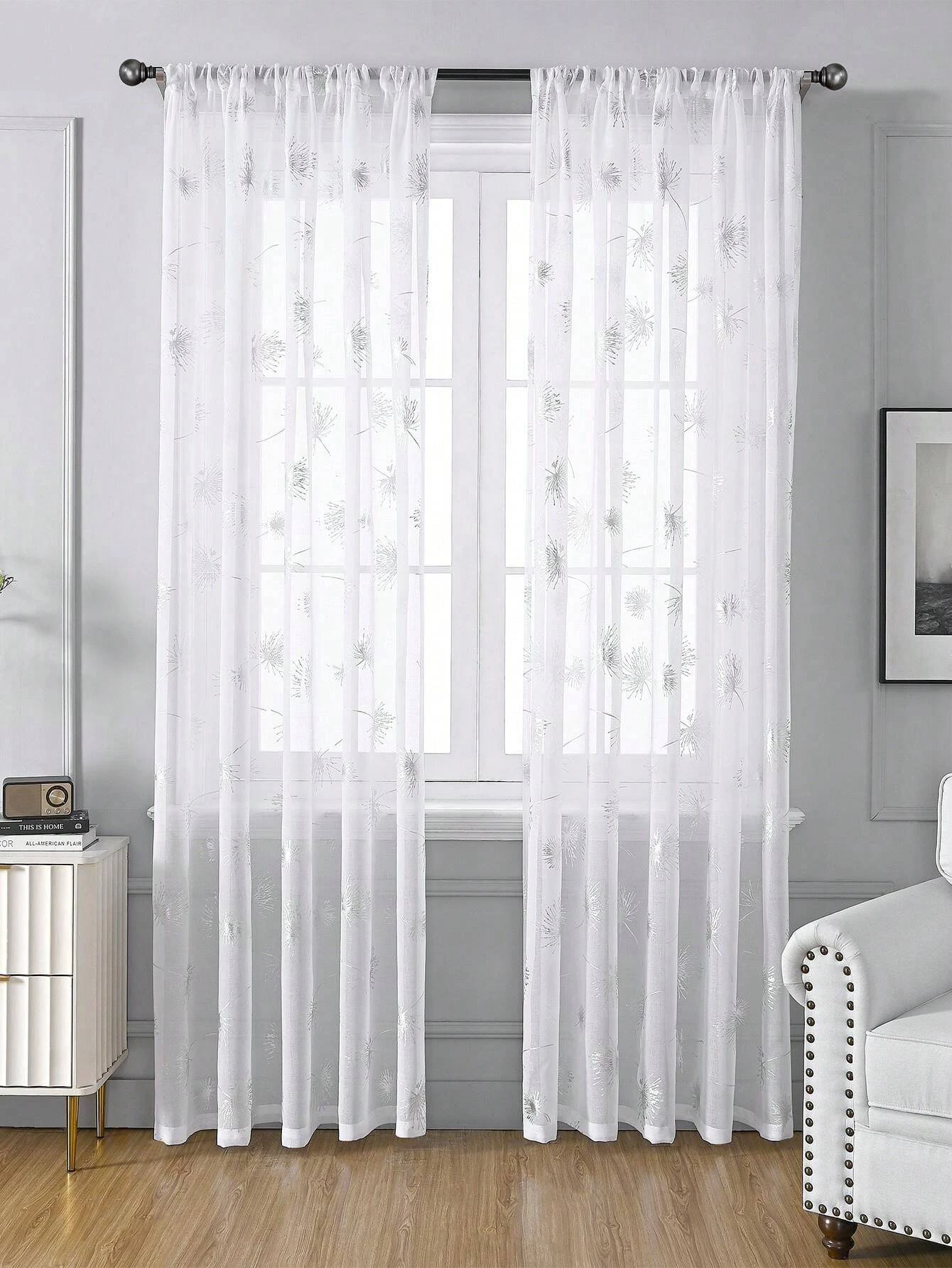 

1pc through-pole fresh dandelion printed gauze curtain, white translucent window decoration for living room and balcony