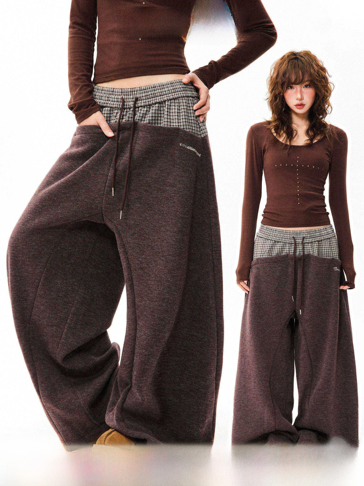 

Женские повседневные брюки Young Stage в американском ретро-стиле с клетчатыми вставками, свободные, универсальные, струящиеся, широкие, с эффектом похудения