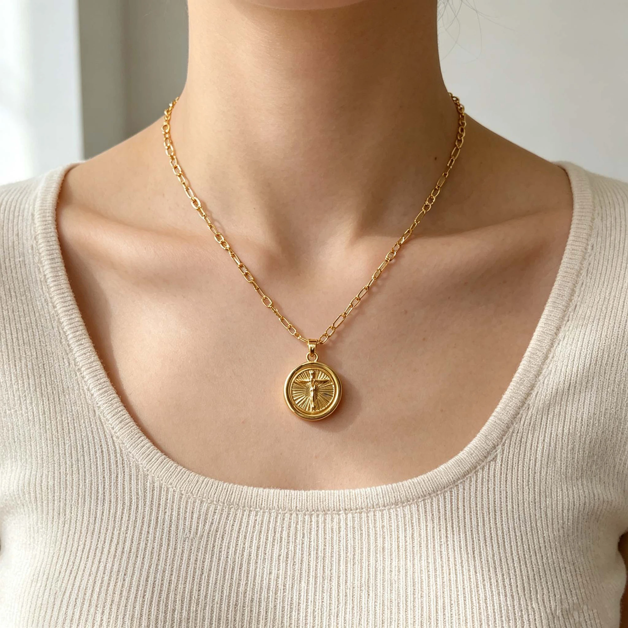 Pure Copper Rotatable Double‑Sided Dual‑Image Pendant Necklace Crucifix Jesus And Jesus Holy Face Unisex Religious Jewelry Gift