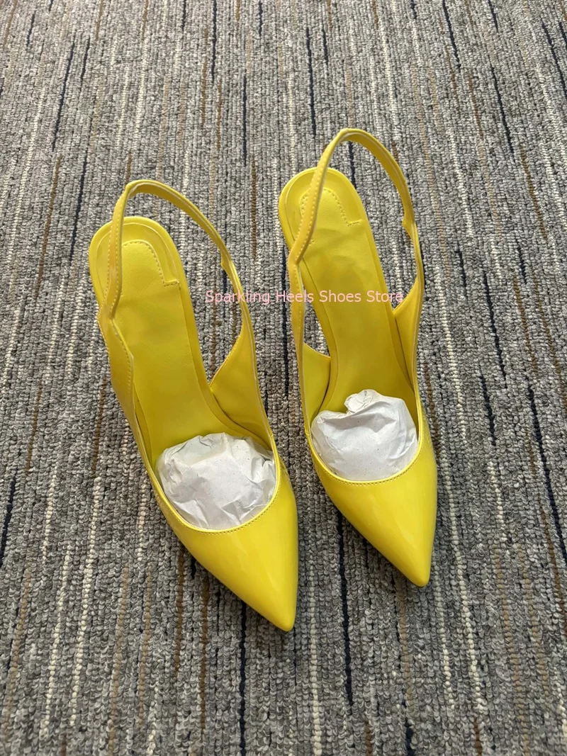 Graceful Woman Stiletto Heel Pointed Toe Pump Sandals Female Slip On Yellow Red Nude 10Cm 12Cm Heel Party Sandal Shoes