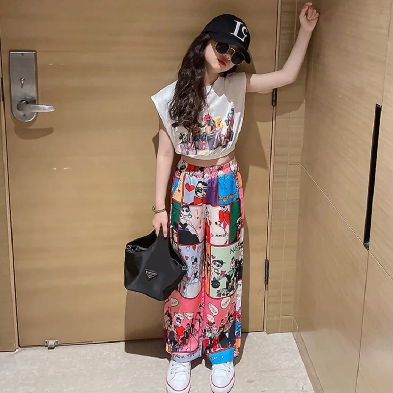 Summer Casual Girls Graffiti Short Sleeved Crop t-Shirt Tops+Loose Pant Sets School Kids Tracksuit Children 2PCS Outfit