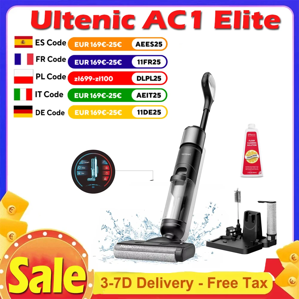 Ultenic AC1 Elite Cordless Vacuum And Mop Self-Cleaning Up To 50min Runtime Smart Dirt Detection 3 Cleaning Mode LCD Display