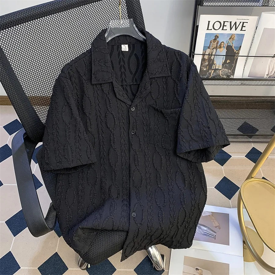 

Sense Cuban Collar Jacquard Short Sleeve For Men And Women Summer New Design Loose Textured Shirt Trendy