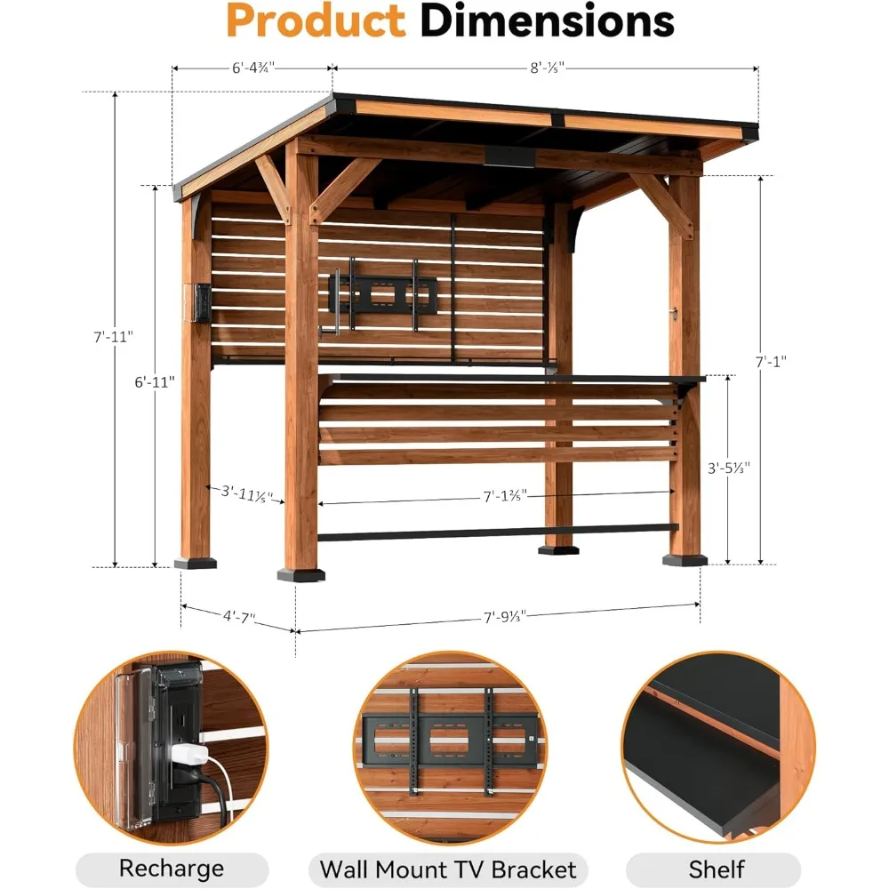 Modern Shade The Aura Cedar Wood Entertainment Bar Center, Wood Gazebo Grill Pavilion with Shelves & Paper Towel Holder, Grill G