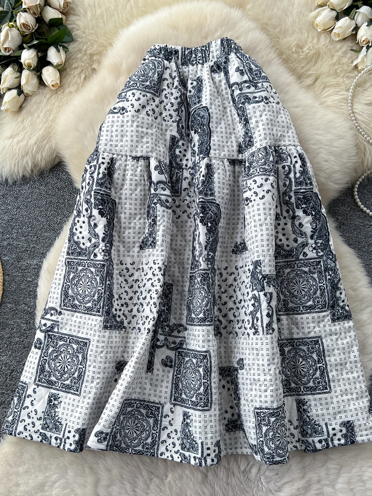 الخريف الشتاء الفرنسية موضة ساندويتش القطن الماس منقوشة تنورة مطبوعة المرأة عالية الخصر سميكة رقيق ألف خط تنورة C383