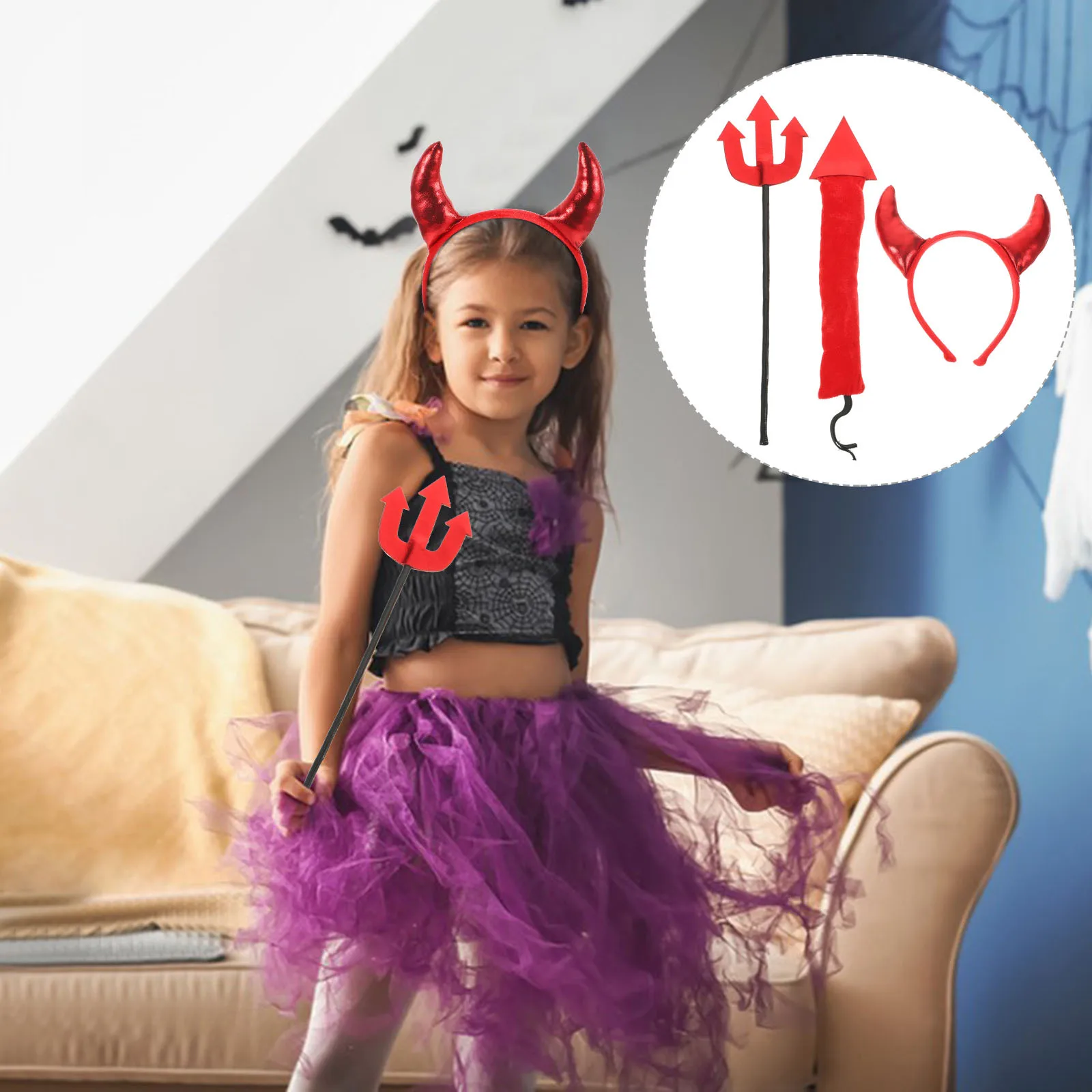 여성용 뿔 머리띠 1세트 악마 의상 세트 가벼운 플라스틱 악마 삼지창 소품 가면 무도회 생일 크리스마스 행사용