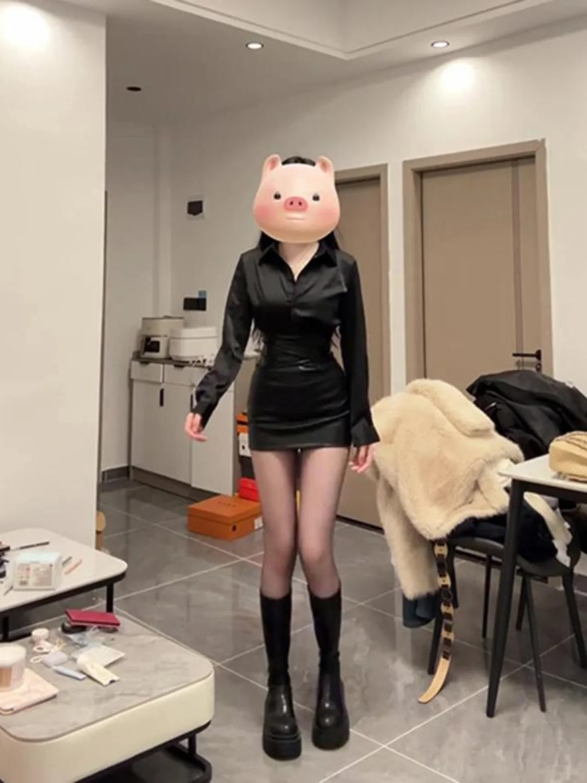 순수한 욕망 섹시한 검은 셔츠 긴 소매 여성 봄 자매 스타일 허리 치핑 스커트 세트 폴로 칼라 폴리 에스터 섬유