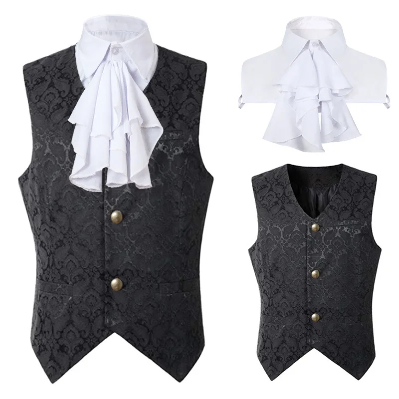 

New Hot Men's Steampunk Suit Vest Gothic Victorian Single Breast Brocade Medieval Halloween Cosplay WaistCoat with Jabot Tie