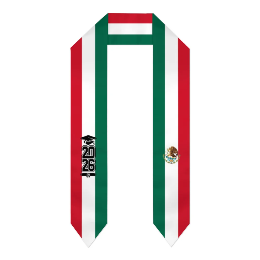 Echarpe de Graduación con Bandera de México, Clase de 2026, Estola para Estudios Internacionales, Accesorio de Fiesta Unisex para Adultos, Estampado Superior