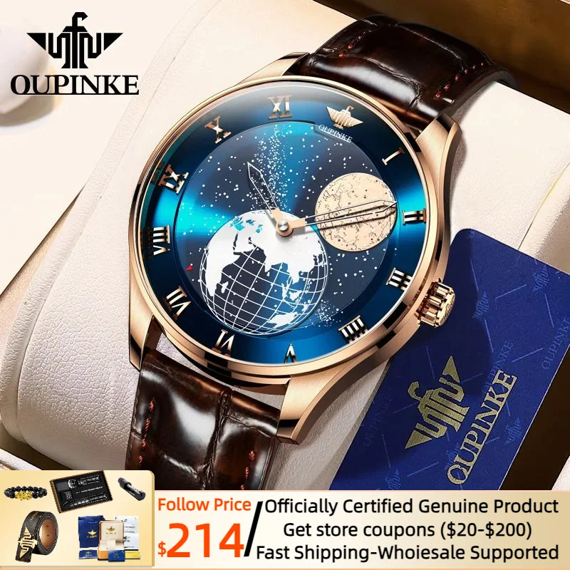 

OUPINKE New Automatic Watch for Men Sapphire Mirror 3D Earth Starry Star Rotating Dial Original Leather Watchband Men Wristwatch