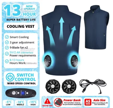 2026 Cool Vest Wearable Cooling Fan Vest Air-conditioned Clothes Cooling 13 Hours for High Temperature Work Fishing Vest Hiking