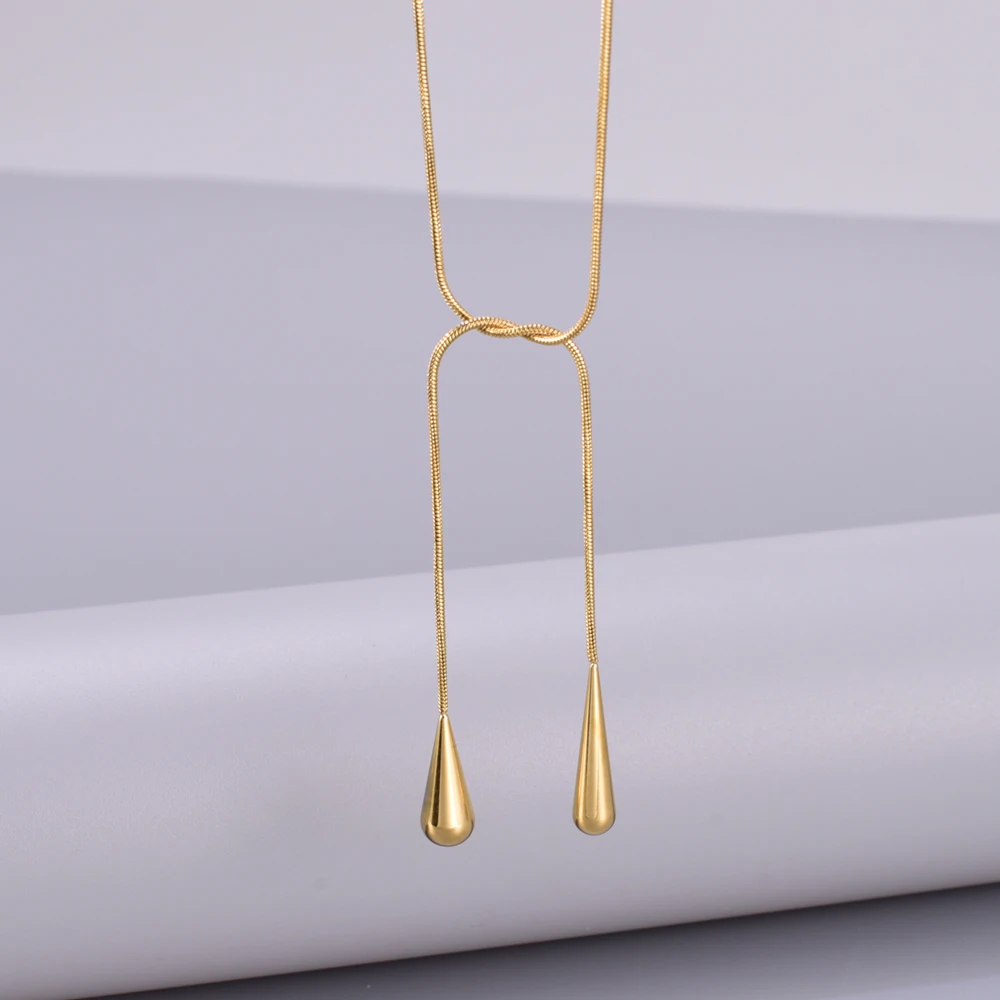L228 European and American Fashion Two Headed Water Drop Snake Chain Titanium Steel Plated 18K Gold Personalized Long Necklace