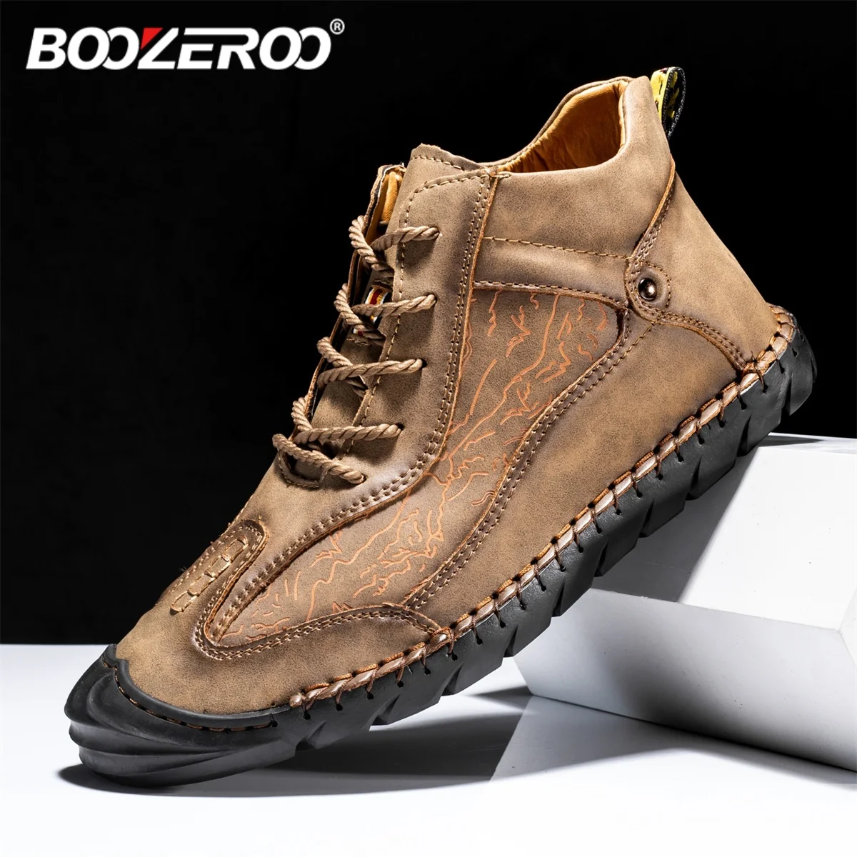 BOOZEROO-mocasines hechos a mano para hombre, zapatos informales de cuero suave, botas impermeables antideslizantes, a la moda