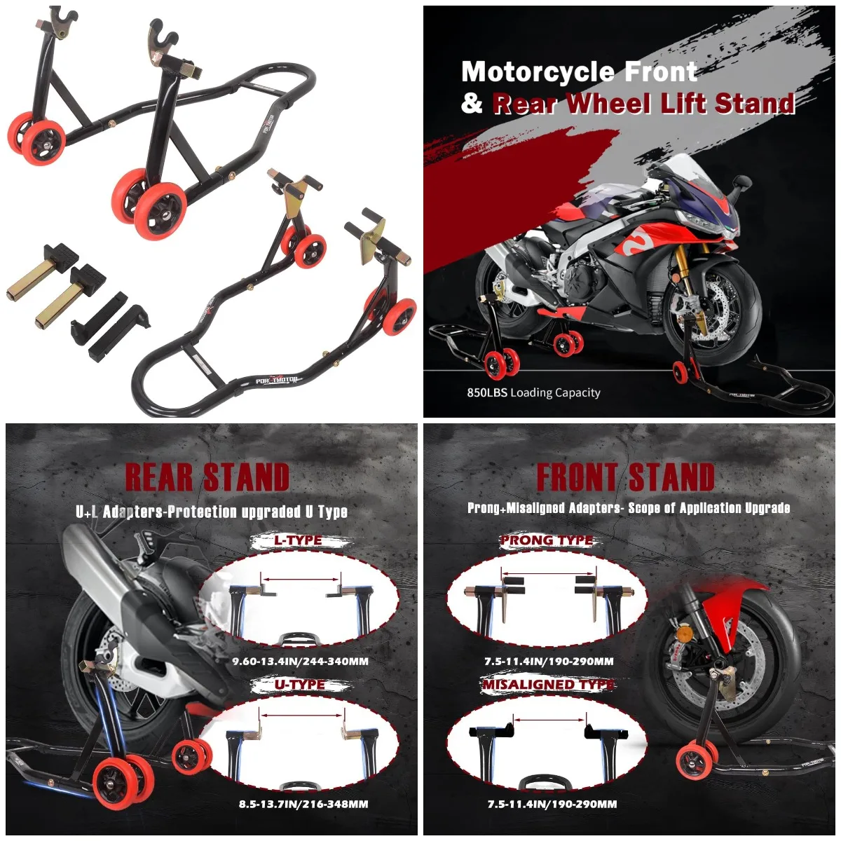 Front Rear Motorcycle Stand, 850lbs Combo Lift with 4 Adapters, Universal Wheel Lift for Parking & Maintenance