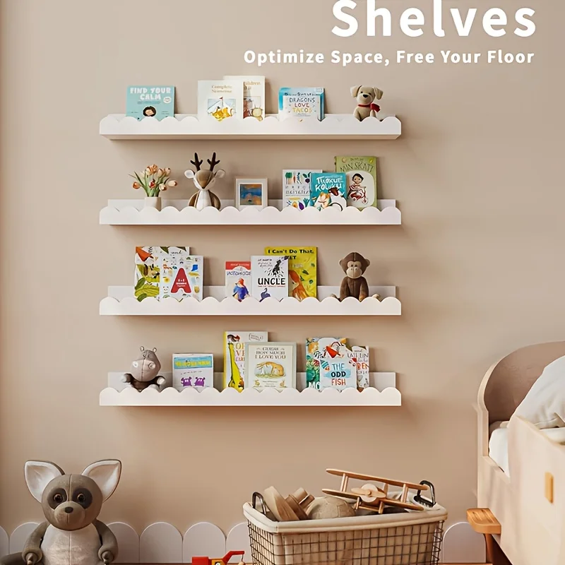 1 Stück Weiße Wellenrand-PVC-Schwebewandregale, Bohrlochmontierte Aufbewahrungshalterung mit Schutzgeländer für Kinderzimmer Schlafzimmer Heimdekoration
