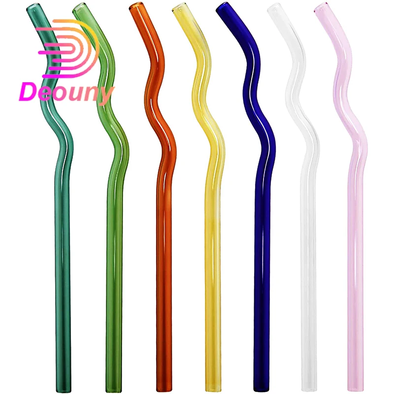 DEOUNY 14PCS Glass Straws Reusable Straws Wavy Glass Straw Smoothie Straws Decorative Drinking Straws for Tea Juice Beverage