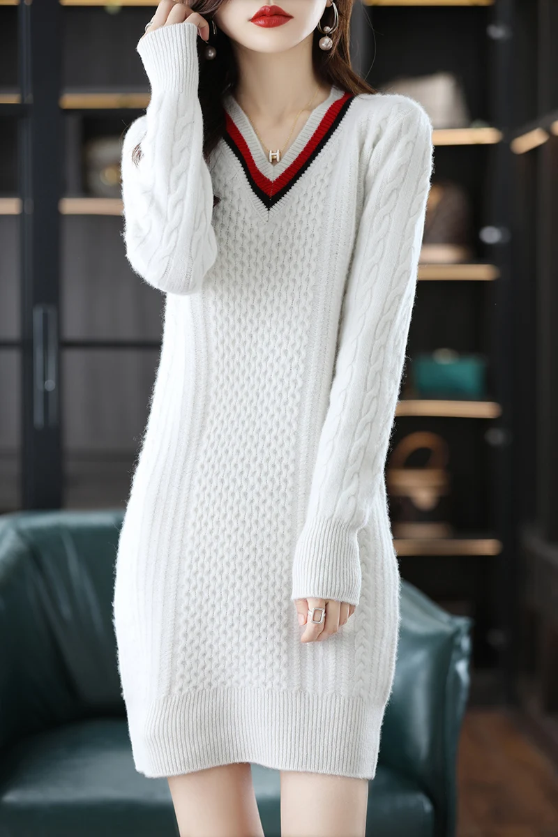 

100% Merino Wool Fashion Basic Dress Women V-Neck Dress Soft Long Sleeve Clothing Simple Comfortable Leisure Solid Color