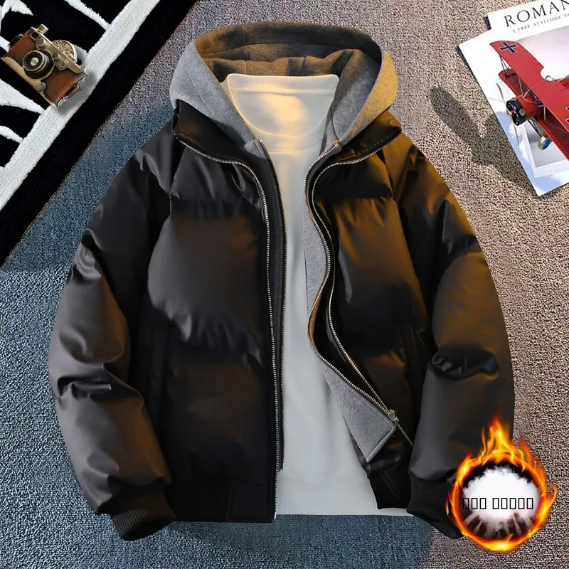 

2025 New Men's Cotton Jaet PU Leather Hooded Winter Coat American Sle Youth Large Size Casual Wear Thiened Zipper Closure