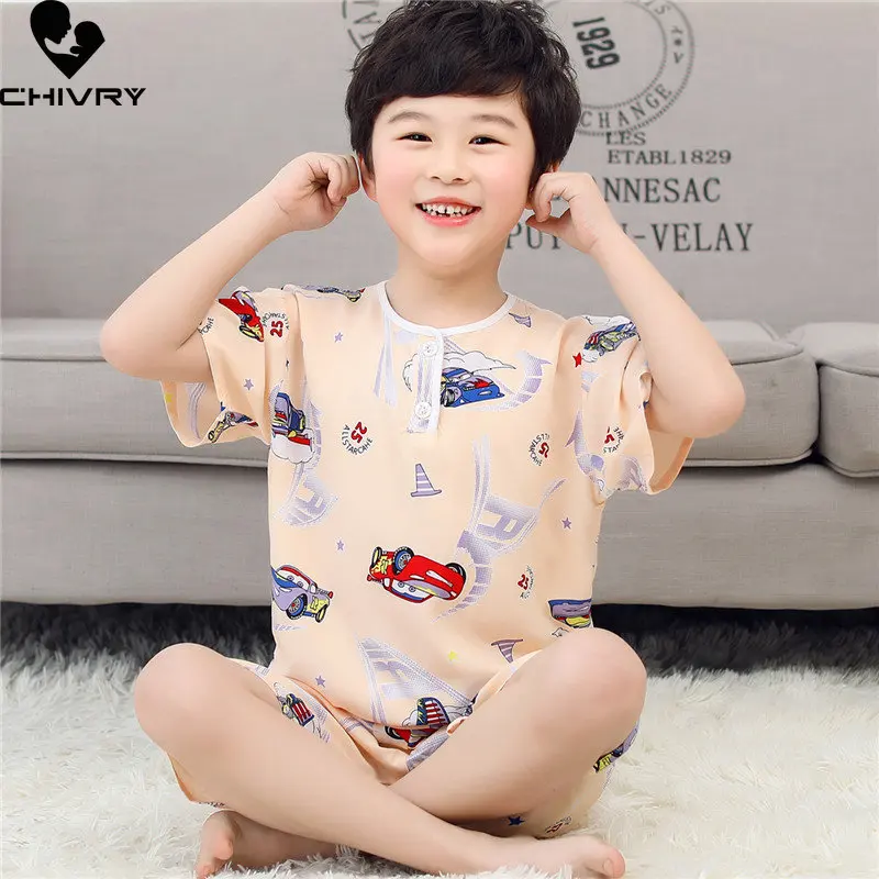 Kids Boys Girls Pajamas New 2023 Summer Thin Cute Cartoon Short Sleeve O-Neck Casual Tops with Shorts Baby Sleeping Clothing Set