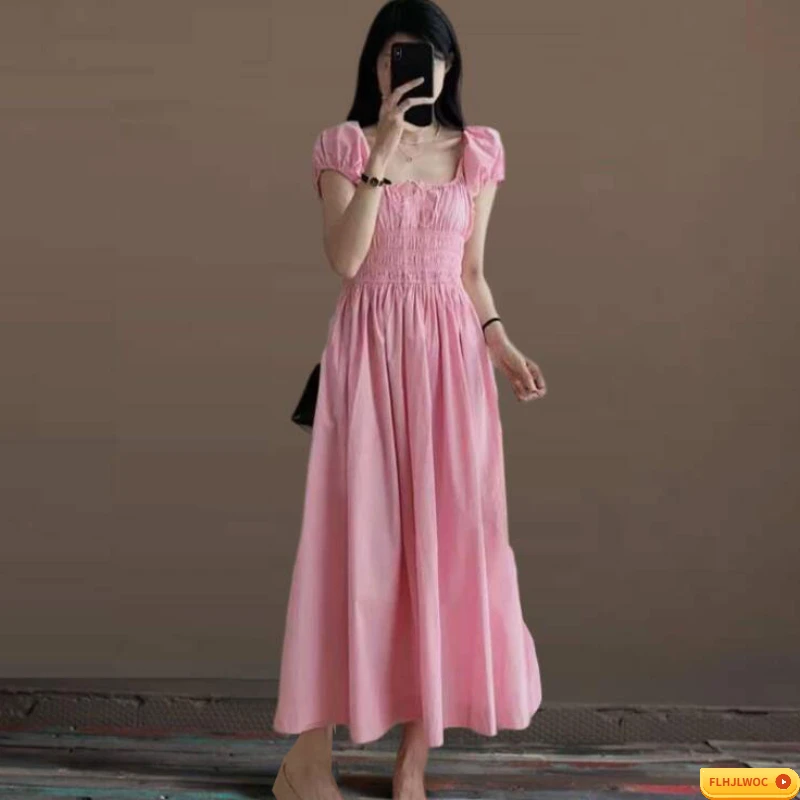 Chic Korea Temperament Women Date Girls Japan Style Puff Sleeve Cotton Blends Vintage Pink Elastic Long Dress Feminine Vestidos