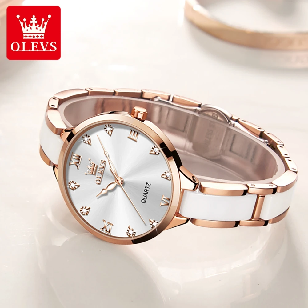 OLEVS 5872 Fashion Woman Watch Imported Quartz Movement Waterproof Watch For Women Elegant Ceramic Strap Ladies Wristwatch