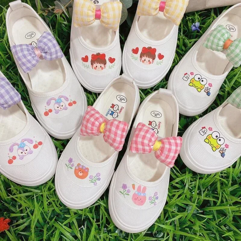 Sanrios Printed Cute Girls\' Bowknot Canvas Shoe Anime My Melody Purin Dog Kawaii Spring Summer Comfortable Cloth Shoes Kids Gift