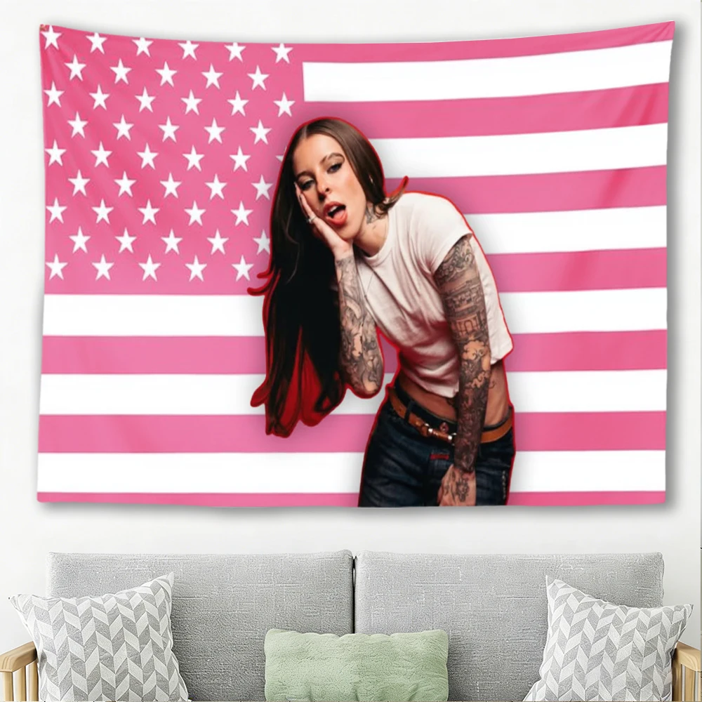 Y2K Aesthetic Tattooed Lady Tapestry Fashion Female Portrait Pink US Flag Art Print Polyester Wall Hanging Decor Cloth