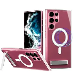 Clear Black Magnetic Mobile Phone Case with Stand for Samsung Galaxy S24 S23 S22 Ultra Plus Cases with Kickstand Back Cover