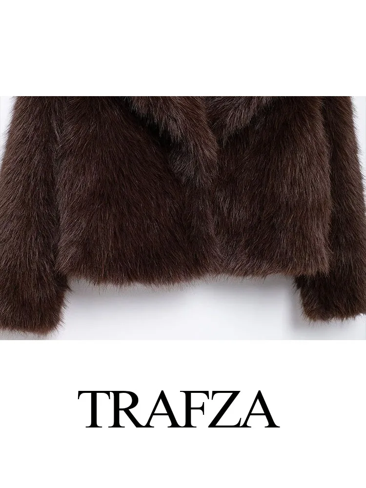 TRAFZA Women Winter Warm Coat Faux Fur Jackets Woman Elegant Brown Casual Loose Long Sleeves Buttons Turn-Down Collar Outerwear