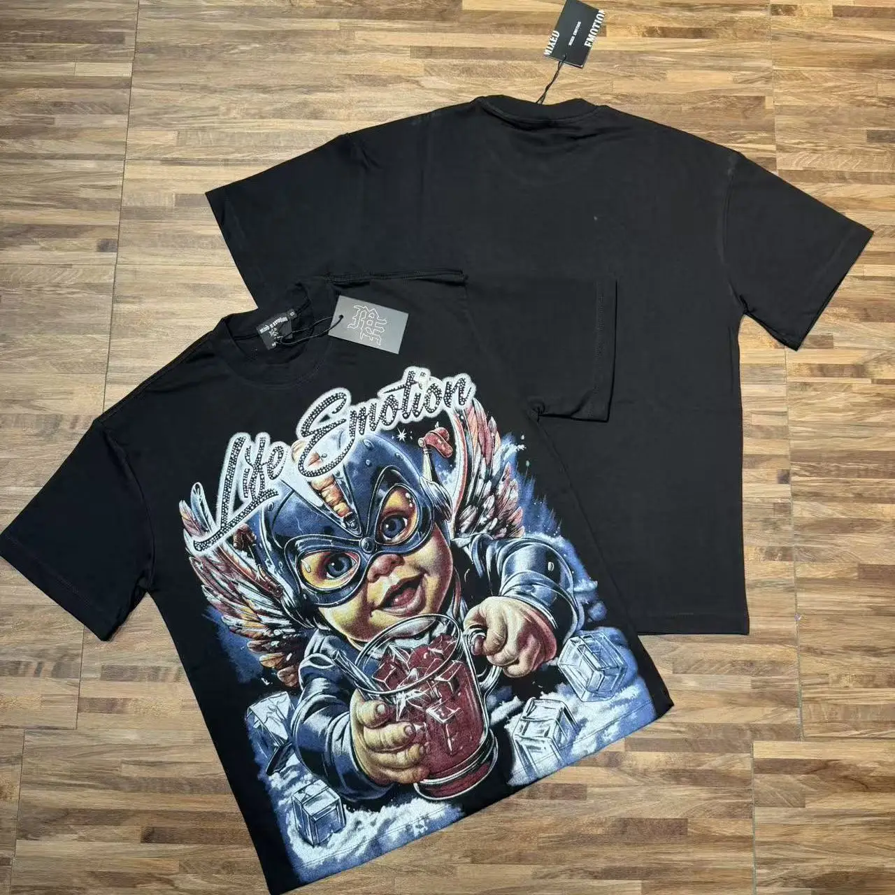 Retro Cartoon Angel Print Loose Fit Pure Cotton Short Sleeve T-Shirt Glittering American Trendy Brand Youth Citywalk Casual Tee