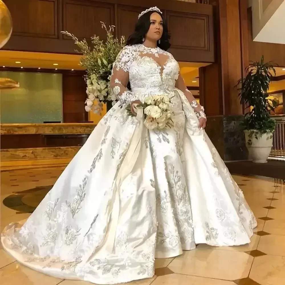 Vestidos de novia de manga larga de sirena de talla grande personalizados, vestidos de novia con cuentas y cuello joya, tren desmontable, apliques de trompeta Sati