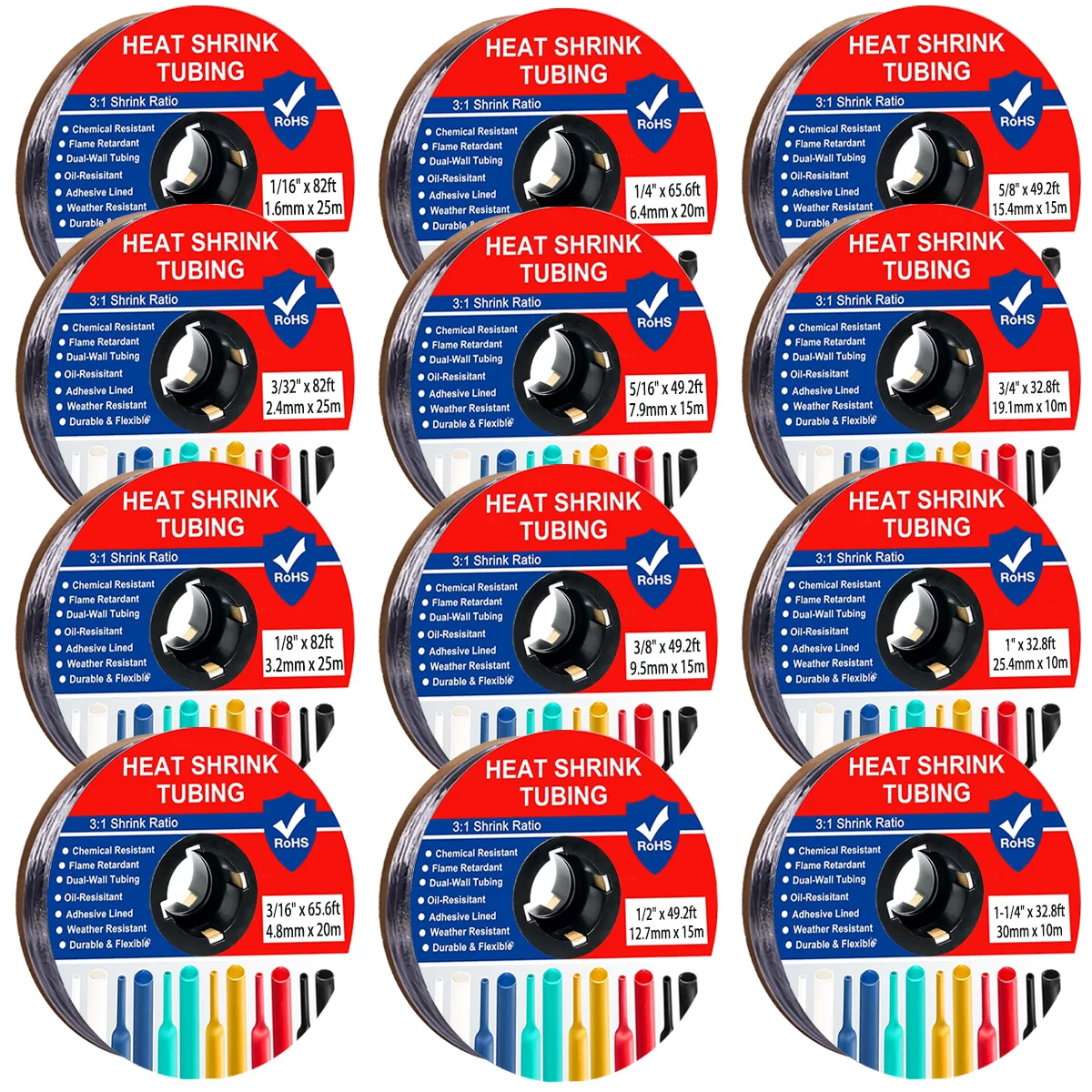 A Roll Black 3:1 Ratio Heat Shrink Tubing Φ1.6mm to Φ30m Dual Wall Adhesive Lined Shrinkable Wire Wrap Tube Waterproof Sleeves