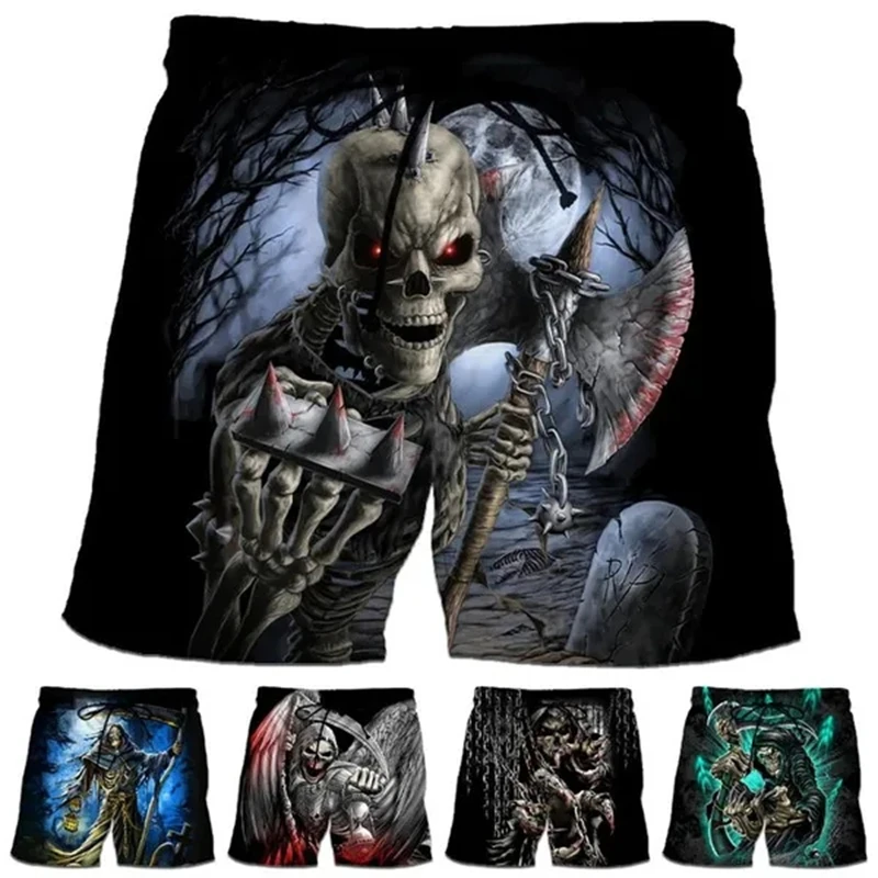 Shorts casuais com impressão em crânio 3D unissex, personalidade gótica, esportes legais, skate, calças curtas, tendência, verão