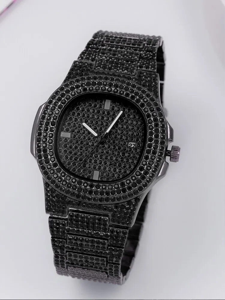 1pcs Fashion Business Calendar Men\'s Full Diamond Black Steel Band Quartz Watch