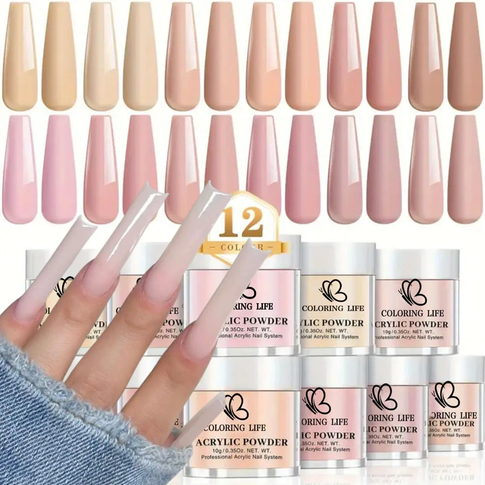 Poudre acrylique professionnelle 3 en 1 pour Nail Art, 12 couleurs, couleur chair, pour Extension d'ongles, trempage, gravure, polymère